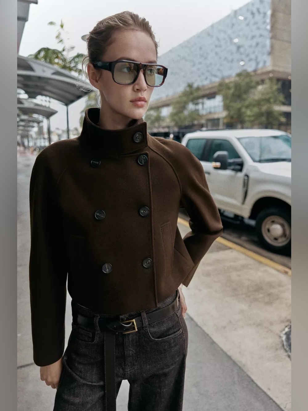 Zara Dark Brown Double-Breasted Cropped Pea Coat. POP